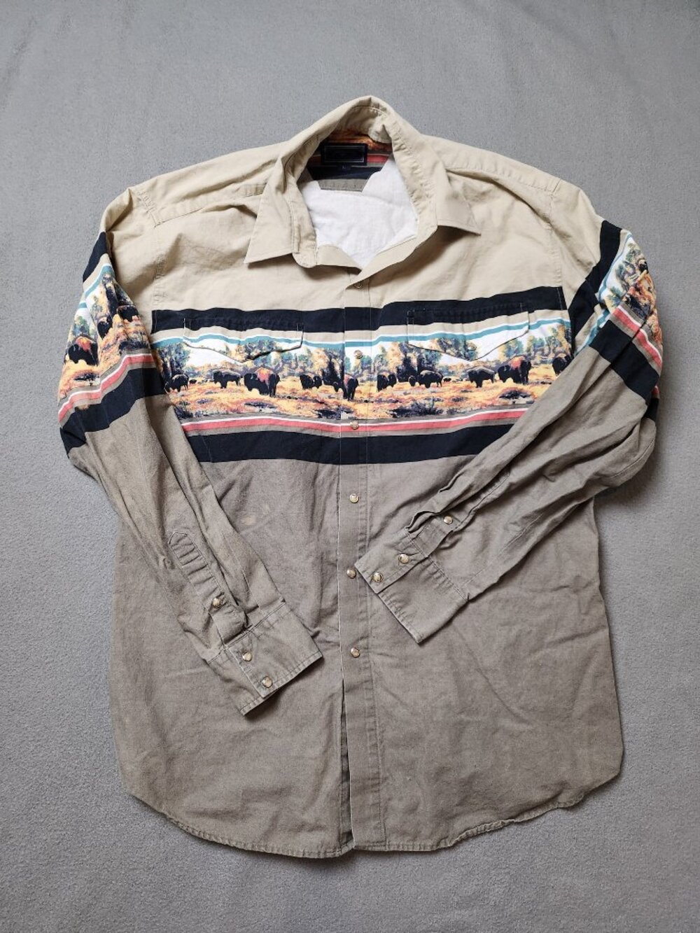 Roper Western Pearl Snap Shirt Bison Buffalo Prairie Print Border Tan Men's L